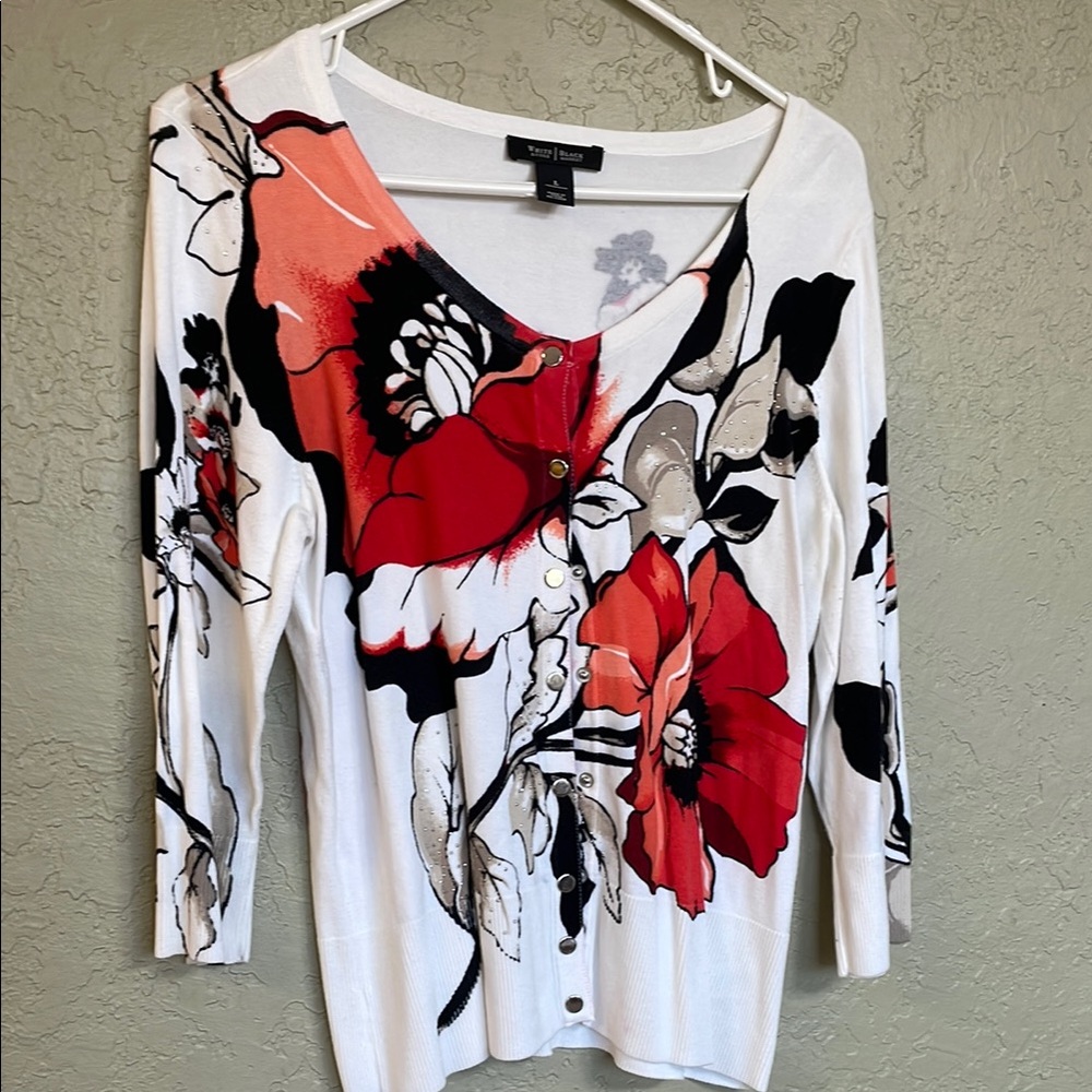 White House Black Market Floral Cardigan - Red, Black, White